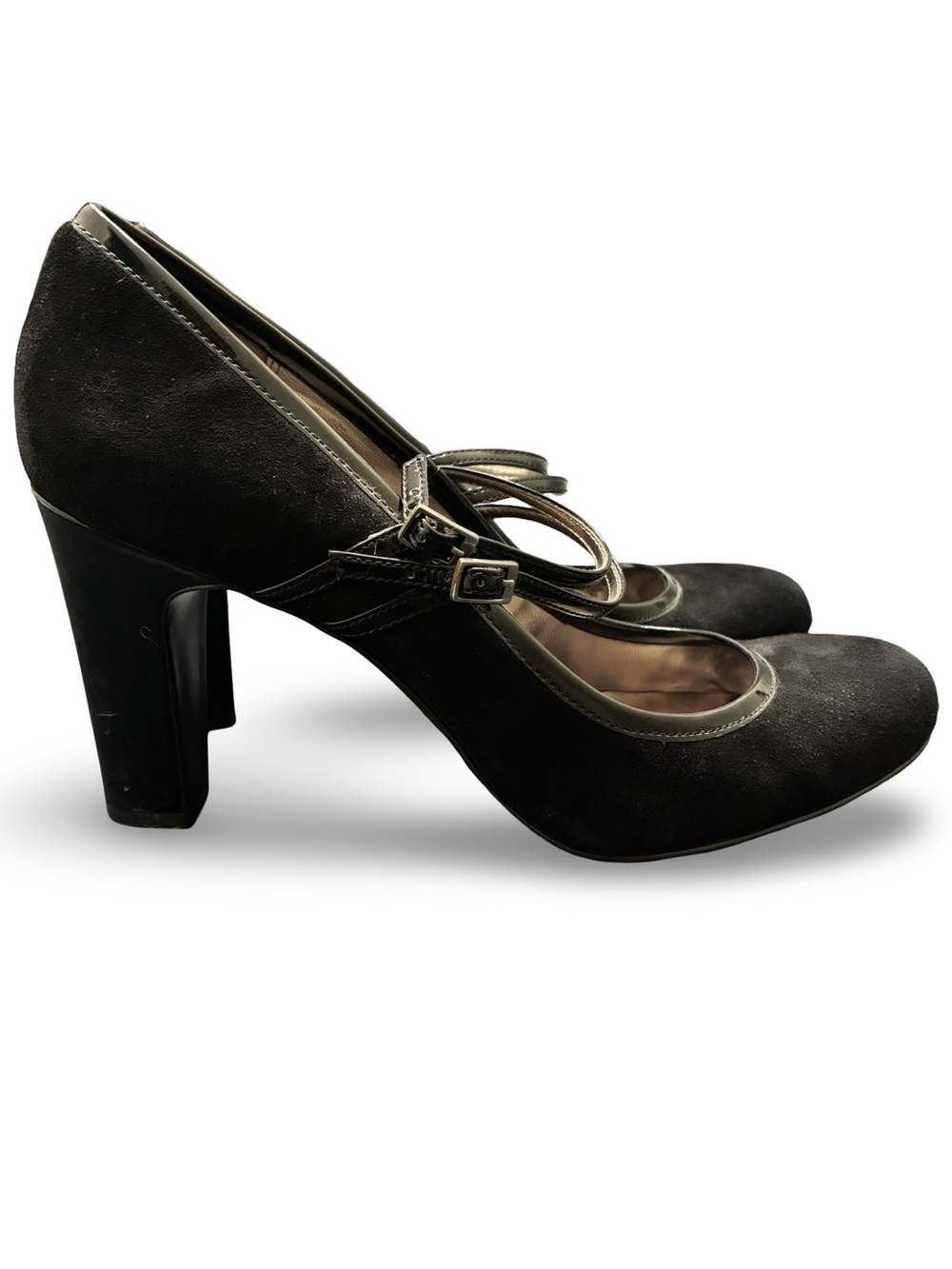 Alfani Black Suede Mary Jane Heels with Gold Trim